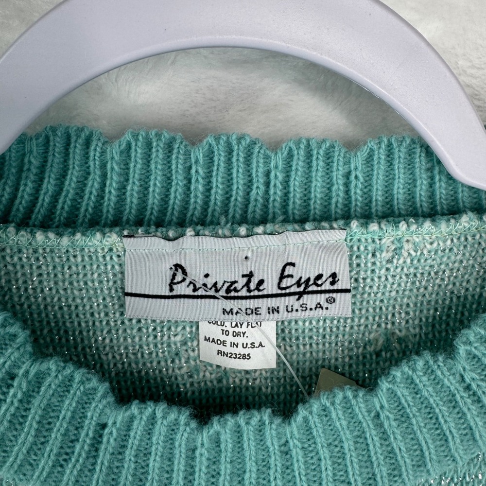 Vintage Private Eyes Teal Floral Rose Knit Sweater Metallic Lurex Crew Neck USA - Picture 5 of 8